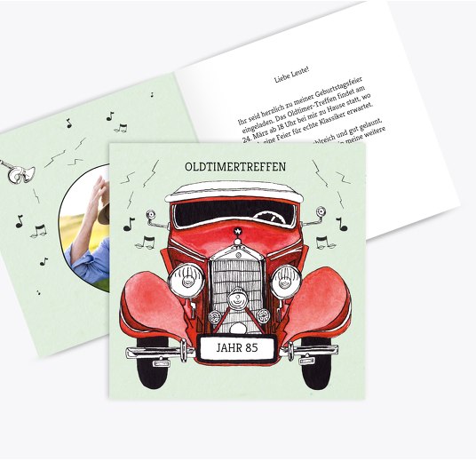 Geburtstagseinladung Foto Oldtimertreffen 85 Rot 145x145mm