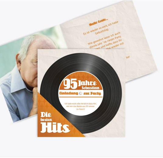 Geburtstagseinladung Schallplatte 95 Orange 145x145mm
