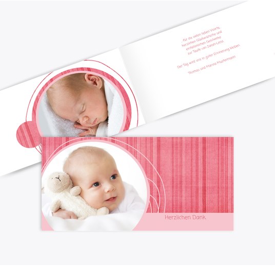 Taufe Dankeskarte Wollknäuel Pinkrosa 215x105mm