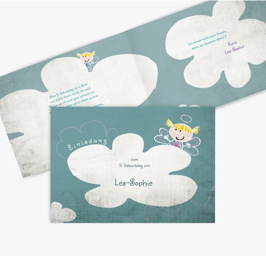 Geburtstagseinladung Engelchen TürkisGrauMatt 148x105mm