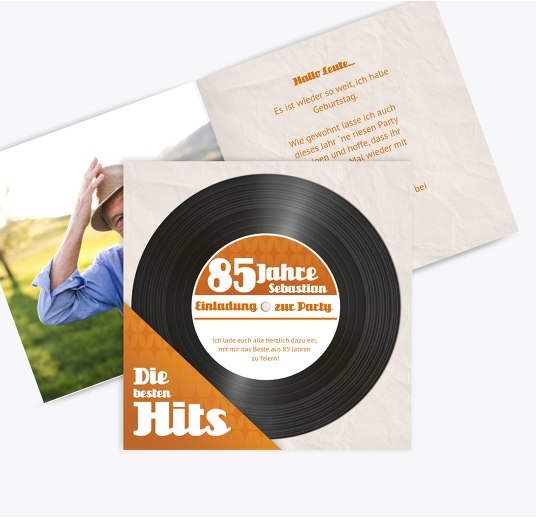 Geburtstagseinladung Schallplatte 85 Orange 145x145mm