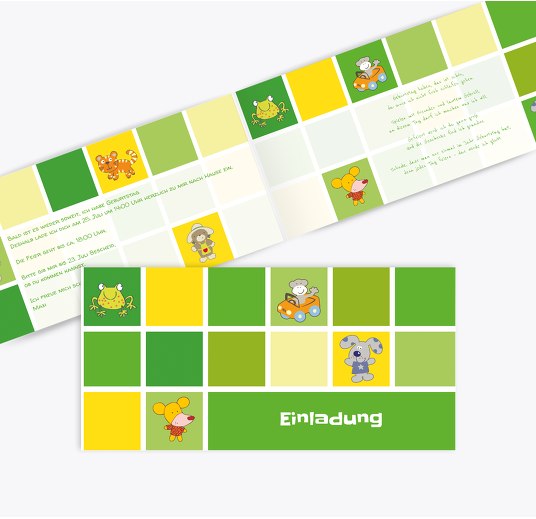 Einladung Tierchen Würfel Grasgruen 215x105mm