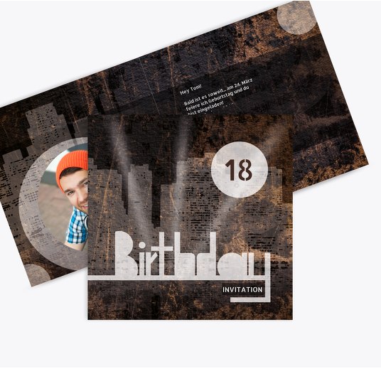 Geburtstagskarte City Lights 18 Foto BeigeOrange 145x145mm