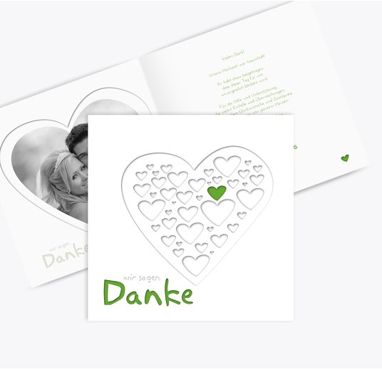 Hochzeit Dankeskarte Herzform Grasgruen 145x145mm