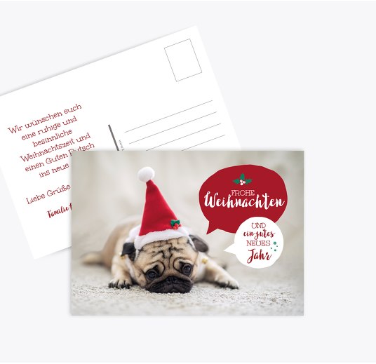 Grußkarte Weihnachtsmops Rot 148x105mm