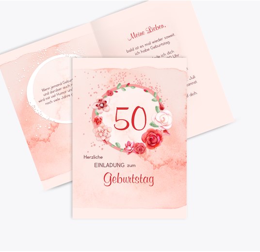 Geburtstagseinladung Aquarell Rosen 50 PastellHellRot 105x148mm