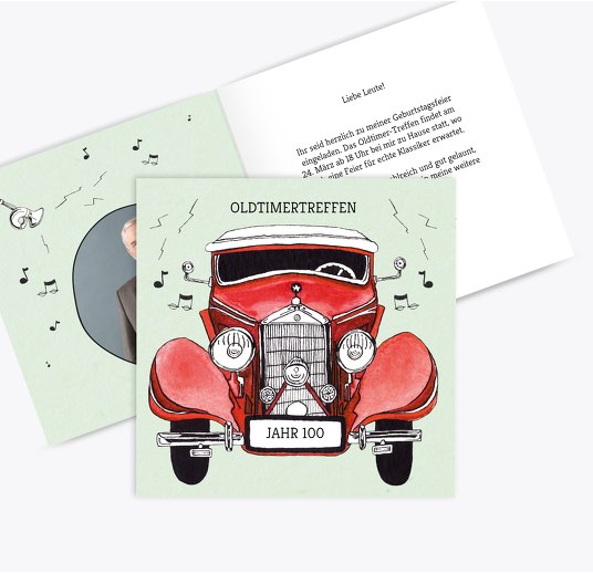 Geburtstagseinladung Foto Oldtimertreffen 100 Rot 145x145mm
