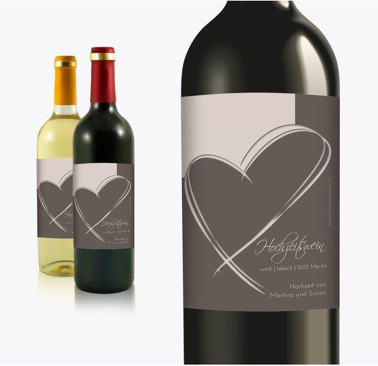 Hochzeit Flaschenetikett Doppelherz DunkelgrauBraun 90x120mm