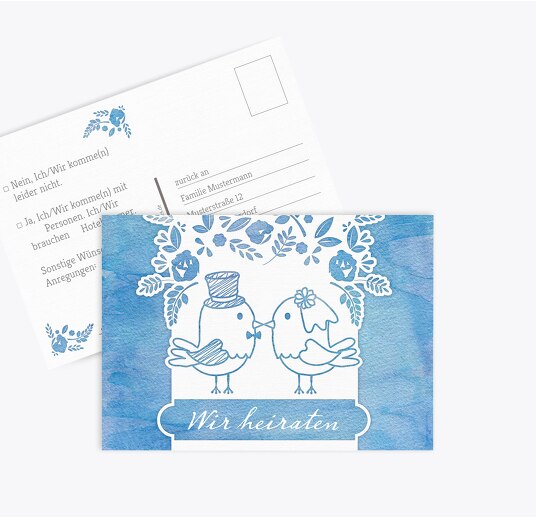 Antwortkarte Vogelpaar MattBlau 148x105mm