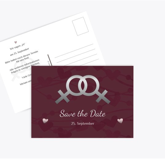 Save-the-Date Im Zeichen der Liebe - Frauen Dunkelrot 148x105mm