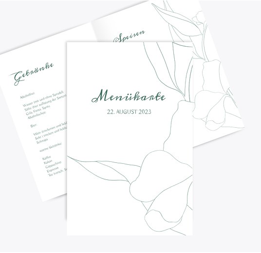 Hochzeitskarten_Menü Zahrte Blume TürkisGrauMatt 148x210mm