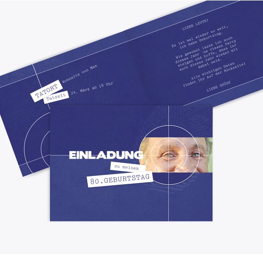 Geburtstagseinladung Foto Krimi 80 Blau 148x105mm