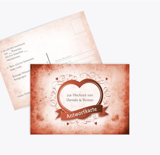 Hochzeit Antwortkarte Herz dunkelorange 148x105mm