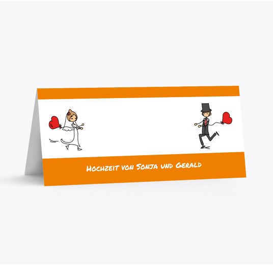 Hochzeit Tischkarte Comic Brautpaar Orange 100x44mm
