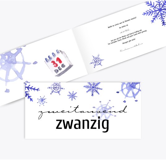 Neujahrskarte Schneeflocken Blau 215x105mm
