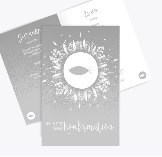Konfirmation Menükarte Blumenfisch Grau 148x210mm
