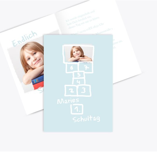 Einladung Einschulung Hüpfspiel HellBlau 105x148mm