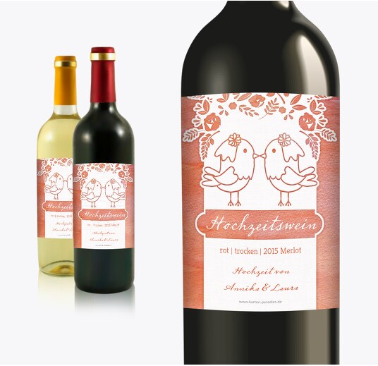 Flaschenetikett Vogelpaar - Frauen PfirsichOrange 90x120mm