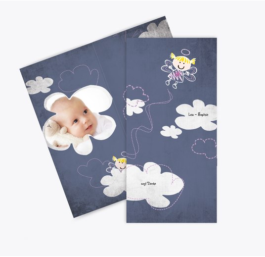 Tauf Dankeskarte Engelchen MattBlauDunkler 105x215mm