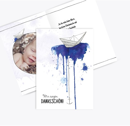 Taufe Dankeskarte Origamischiff Blau 105x148mm