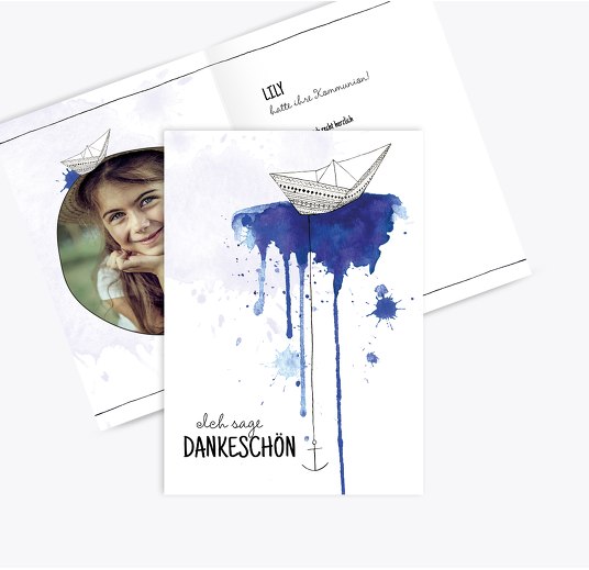 Kommunion Dankeskarte Origamischiff Blau 105x148mm