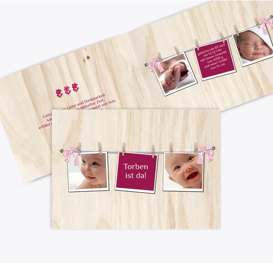Babykarte Schleife dunkellilarosa 148x105mm