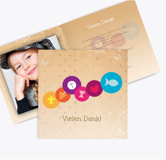 Kommunion Danke bunte Elemente BeigeOrange 145x145mm