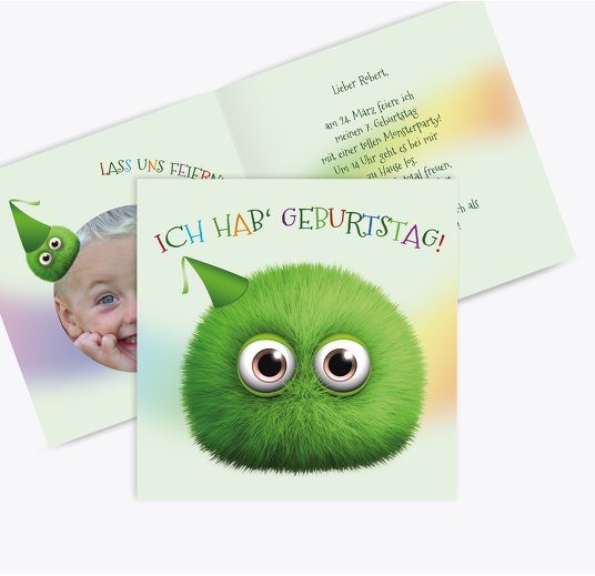 Einladung Kindergeburtstag Foto Flauschkugel Grasgruen 145x145mm
