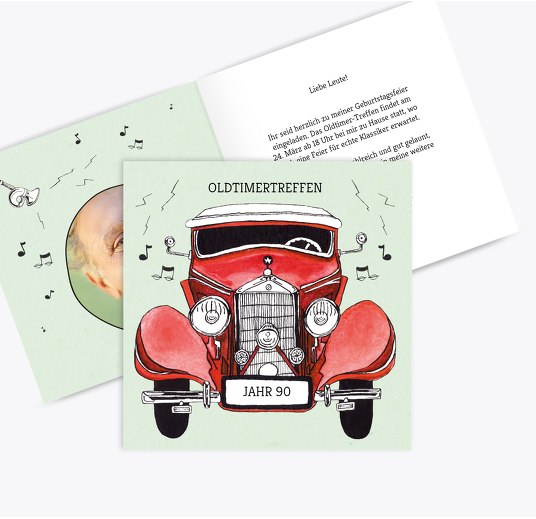 Geburtstagseinladung Foto Oldtimertreffen 90 Rot 145x145mm