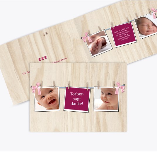 Baby Dankeskarte Schleife dunkellilarosa 148x105mm