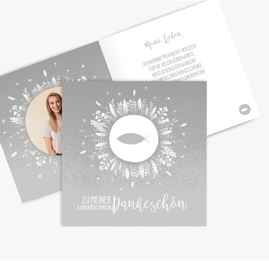 Konfirmation Dankeskarte Blumenfisch Grau 145x145mm