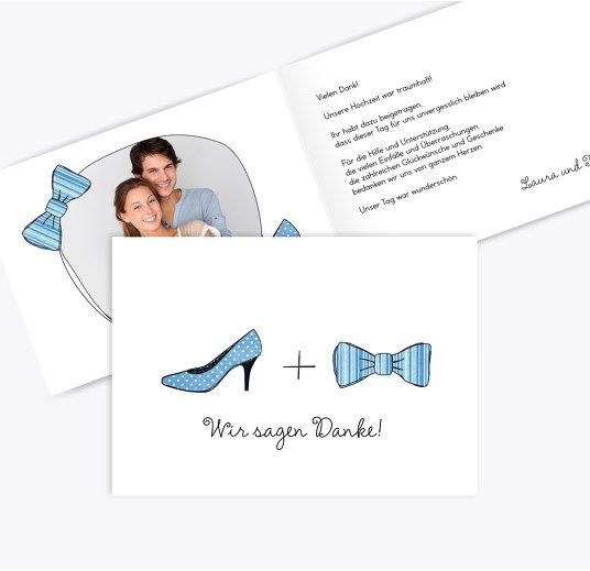Hochzeit Dankeskarte High Heel und Fliege HellBlau 148x105mm