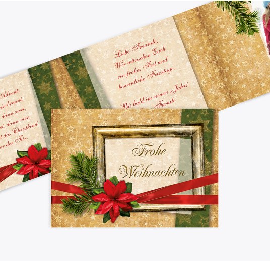 Grußkarte Weihnachten Foto Goldenes Geschenk WeinRot 148x105mm