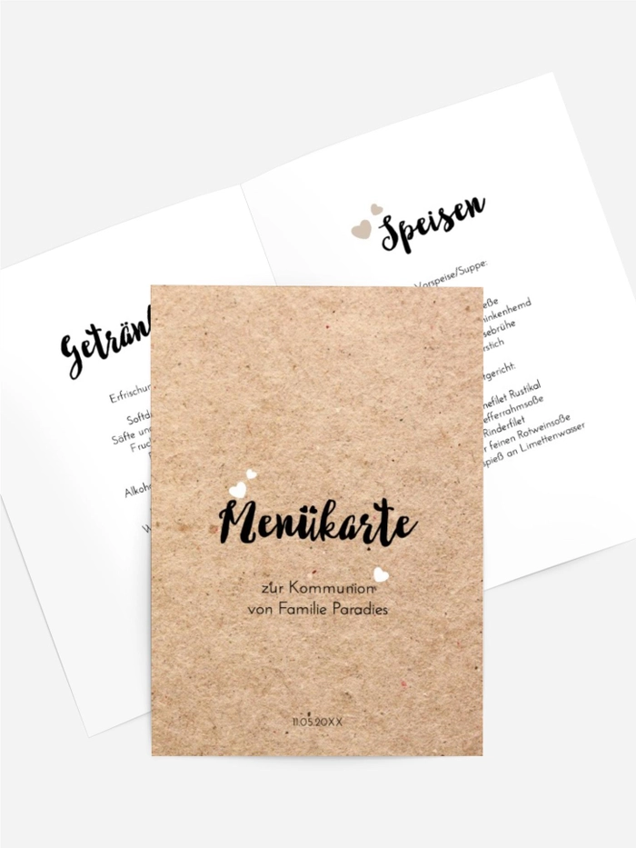 Menükarten Kommunion Papierherzen