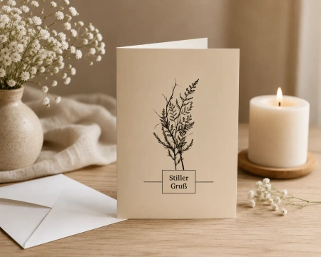 Kondolenzkarte Stiller Gruß mit Kerze, weißen Blumen, Umschlag und warmer Trauerstimmung