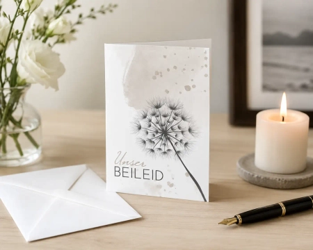 Kondolenzkarte Unser Beileid mit Kerze, weißen Blumen und sanftem grauem Hintergrund für schriftliche Anteilnahme
