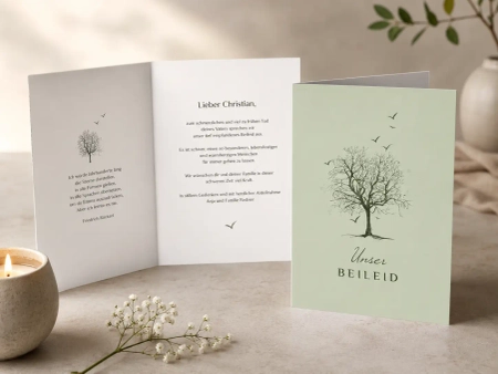 Geöffnete Trauerkarte mit Baum Motiv, persönlichem Beileidstext, Kerze und dezenten weißen Blumen