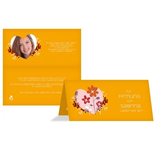 Firmung Einladungskarte Herz Orangegelb 215x105mm